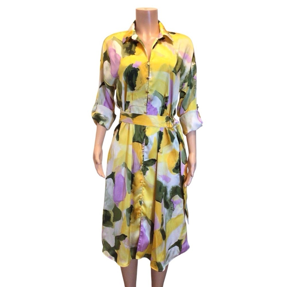 French Connection Watercolor Print Midi Dress Roll Tab Sleeves Size L